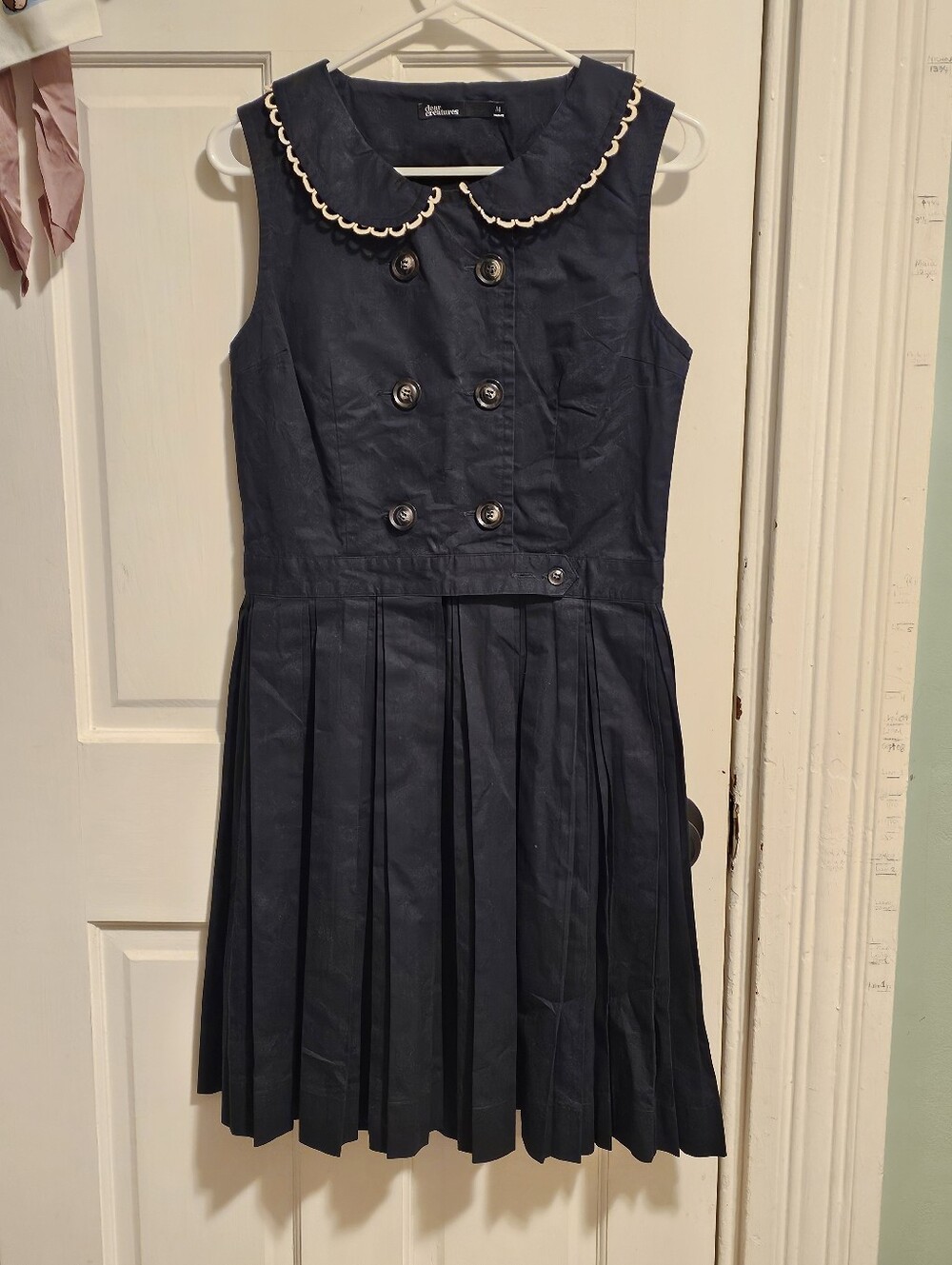 Dear Creatures Navy Double-Breasted Pleated Dress with Scalloped Trim